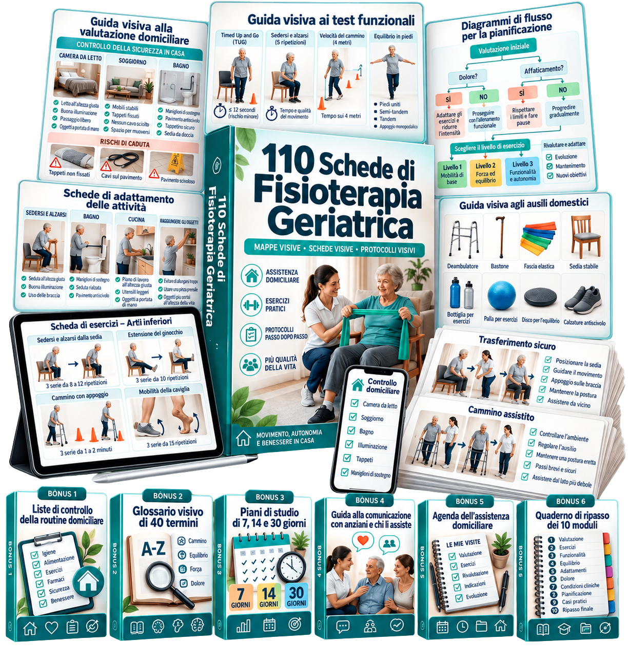 Kit completo con 110 schede illustrate, 6 materiali complementari e 6 bonus